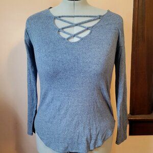 American Eagle Soft & Sexy Sweater with Crisscross Neckline in Dark Blue